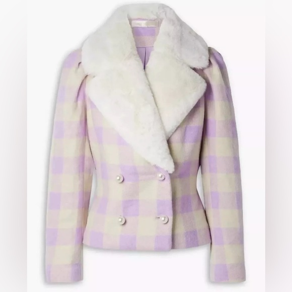 LoveShackFancy Dumont Jacket S Lavender Check Tweed Faux Fur Collar Coat $695 - Picture 1 of 10